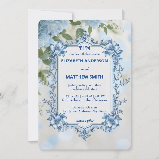 Moderne Biue & White Overlay Blume Hochzeit Einladung (Vorderseite)