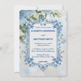 Moderne Biue & White Overlay Blume Hochzeit Einladung