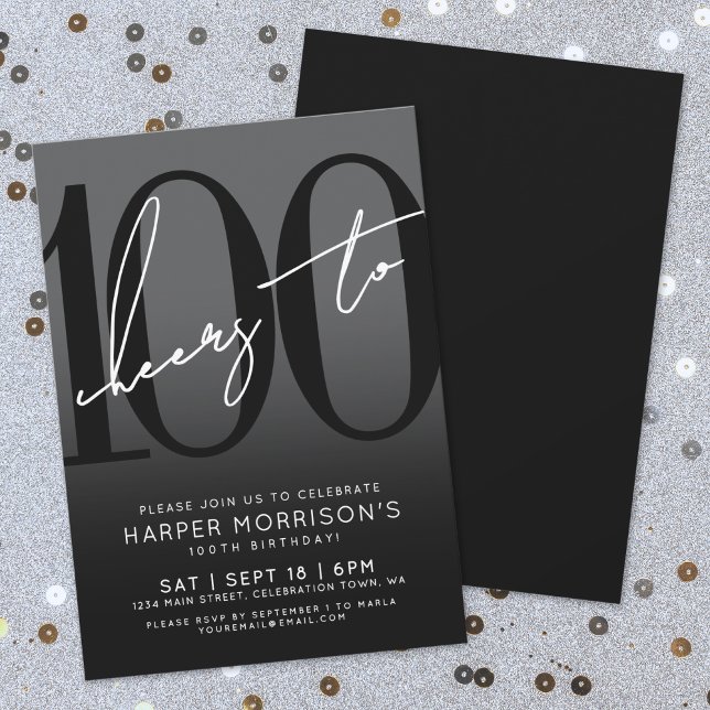 Moderne Black 100. Geburtstagsparty Einladung (Modern Black 100th Birthday Party Invitation)