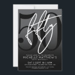 Moderne Black 50. Geburtstagsparty Einladung<br><div class="desc">Feiern Sie 50 Jahre im Stil mit dieser modernen grauen bis schwarzen Gradienten 50. Geburtstagsfeier Einladung. Das Design zeichnet sich durch eine große schwarze "50" über die meisten Karten aus, die mit einem handgeschriebenen, weißen "50"-Drehbuch überlagert ist, um einen kühlen, zeitgenössischen Look zu erhalten. Die Details des Party liegen ganz...</div>