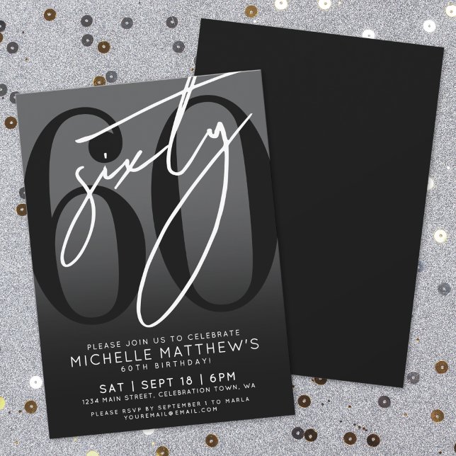 Moderne Black 60. Geburtstagsparty Einladung (Modern Black 60th Birthday Party Invitation)