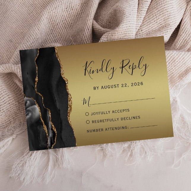 Moderne Black Agate Gold Glam Wedding RSVP Karte (Von Creator hochgeladen)
