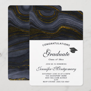 Moderne Black and Gold Agate & Graduation Cap Einladung