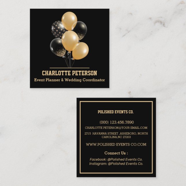 Moderne Black and Gold Balloons Event Plane Quadratische Visitenkarte (Vorne/Hinten)