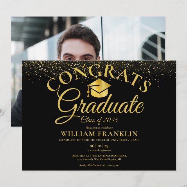 Moderne Black and Gold Foto Graduation Party Einladung (Vorne/Hinten)
