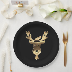 Moderne Black and Gold Rentier Weihnachtsmannmütze Pappteller