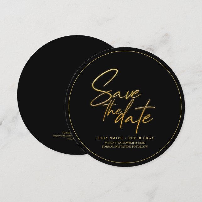 Moderne Black and Gold Round Save the Date Einladung (Vorne/Hinten)