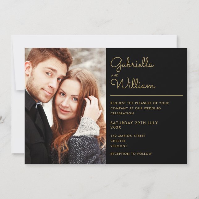 Moderne Black and Gold Script Foto Hochzeit Einladung (Vorderseite)
