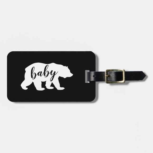 Moderne Black and White Script Baby Bear Silhouett Gepäckanhänger (Vorderseite horizontal)