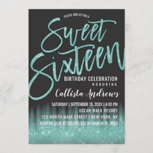 Moderne Black Aqua Glitzer Typografie Sweet 16 Einladung
