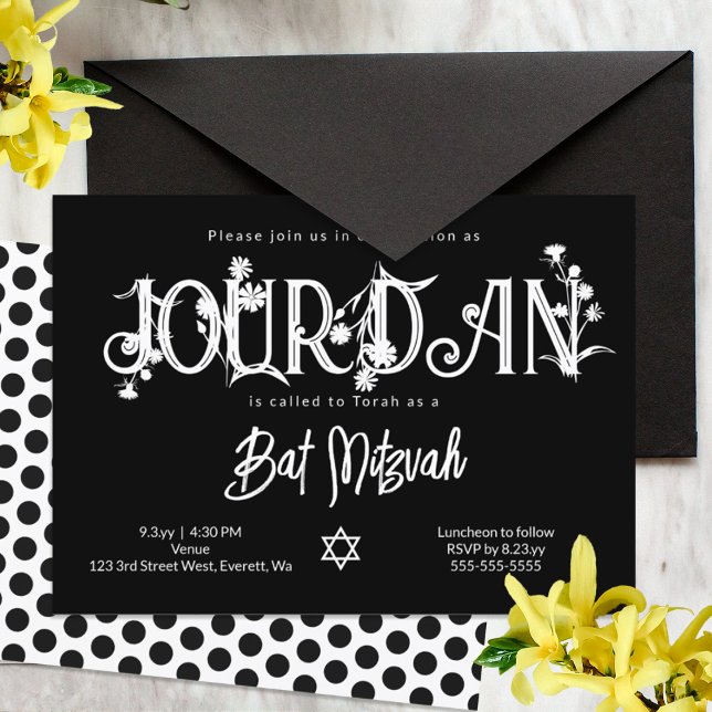 Moderne Black Bat Mitzvah Wild Blume Einladung (black and white polka dot floral bat mitzvah party invitations)