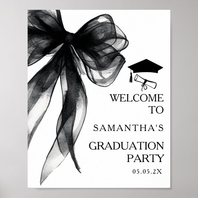 Moderne Black Bow Graduation Party Begrüßungszeich Poster (Vorne)