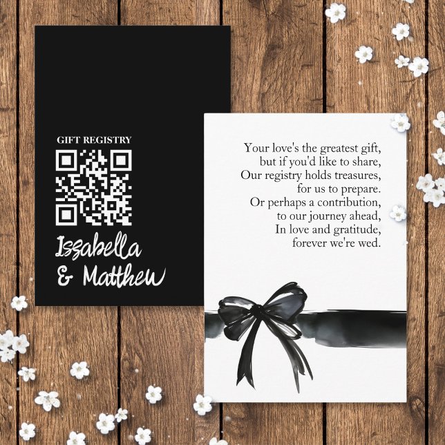 Moderne Black Bow Wedding Registry Gedicht QR Card Begleitkarte (Modern Black White Bow Wedding Registry Poem QR Card stationary saying ribbon trendy money or gift )