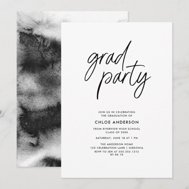 Moderne Black Brush Script Foto Graduation Party Einladung (Vorne/Hinten)
