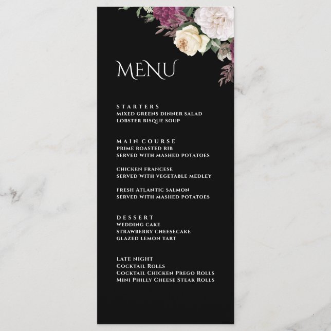 Moderne Black Burgundy Peonies Wedding Menu Card Menükarte (Vorderseite)