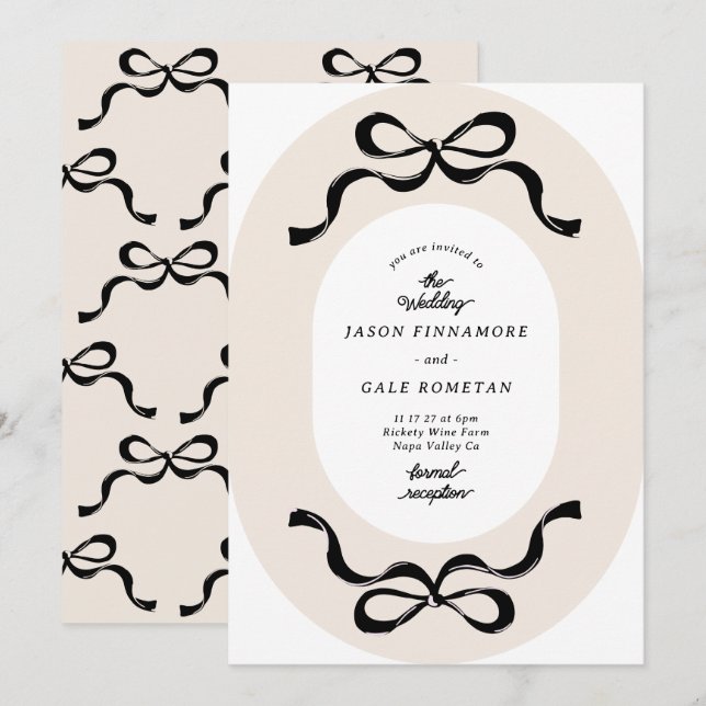 Moderne Black Cream Retro Bows Foto Hochzeit Einladung (Vorne/Hinten)