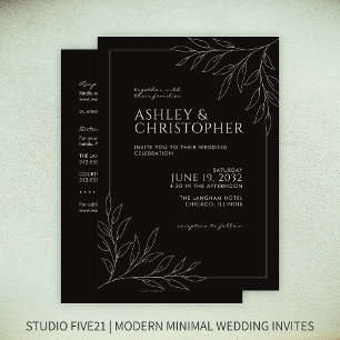 Moderne Black Foliage Kontur All-in-One Hochzeit Einladung