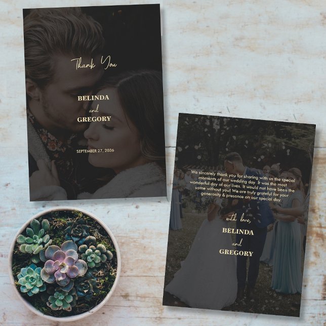 Moderne Black Gold 2 Foto Overlay-Hochzeit Dankeskarte (Modern Black Gold 2 Photo Overlay Wedding Thank You Card)