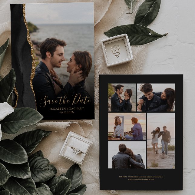 Moderne Black Gold Agate 6-Foto Save the Date Kart (Von Creator hochgeladen)