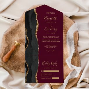 Moderne Black Gold Agate Burgundy Hochzeit All In One Einladung