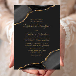 Moderne Black Gold Agate Corners Dunkle Hochzeit Einladung