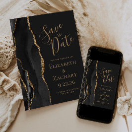 Moderne Black Gold Agate Dark Save the Date Card