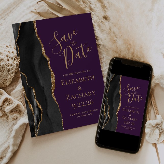Moderne Black Gold Agate Lila Save the Date Card (Von Creator hochgeladen)