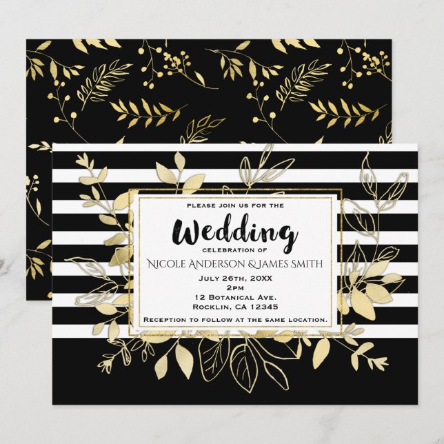 Moderne Black Gold Botanical Glamour Chic Wedding Einladung (Vorne/Hinten)
