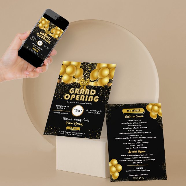 Moderne Black Gold Business Eröffnung Grand Openin Einladung (Von Creator hochgeladen)