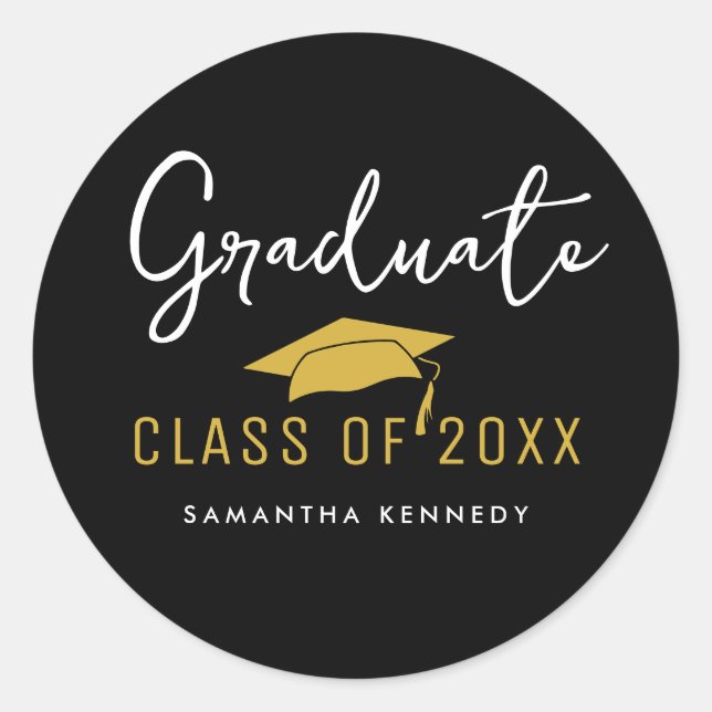 Moderne Black & Gold Class 2025 Graduation Cap Runder Aufkleber (Vorderseite)