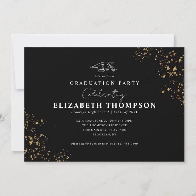 Moderne Black Gold Confetti Grad Graduation Party Einladung (Vorderseite)