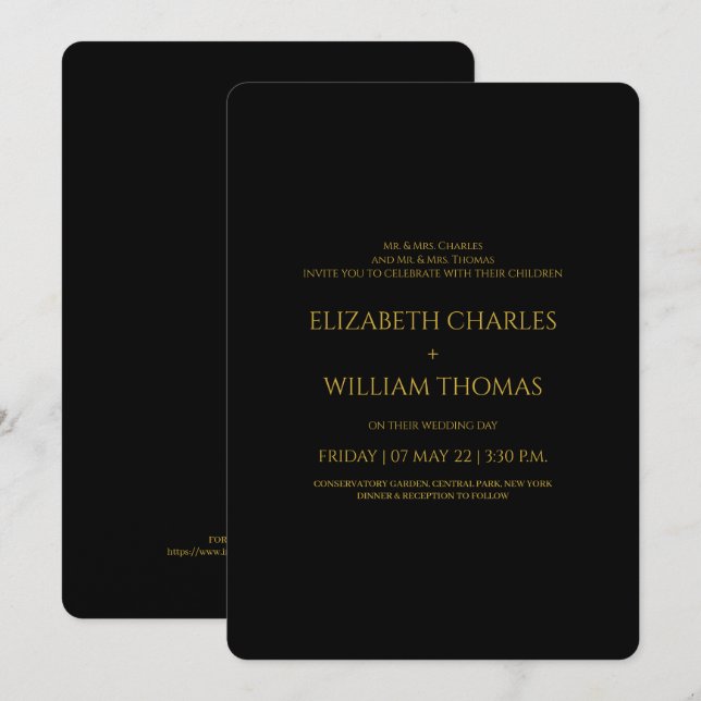 Moderne Black & Gold Einfache Hochzeit Einladung (Vorne/Hinten)