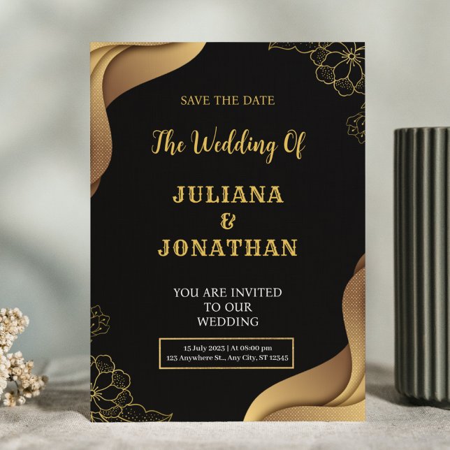 Moderne Black Gold Floral Elegante Hochzeit Einladung (Von Creator hochgeladen)