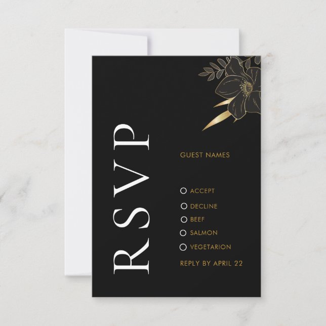 Moderne Black Gold Floral Elegante Wedding RSVP Ca Mitteilungskarte (Vorderseite)