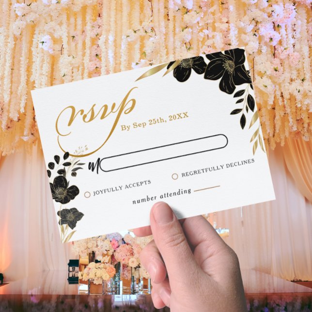 Moderne Black Gold Floral Elegante White Wedding Mitteilungskarte (Modern Black Gold Floral Elegant White Wedding Note Card)
