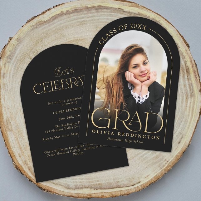 Moderne Black Gold Foto Arch Graduation Party Einladung (Von Creator hochgeladen)
