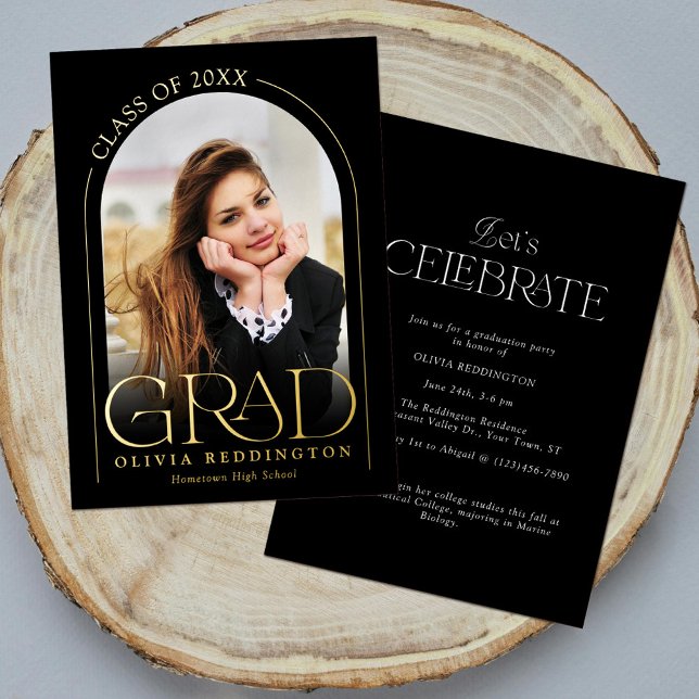 Moderne Black Gold Foto Arch Graduation Party Folieneinladung (Von Creator hochgeladen)