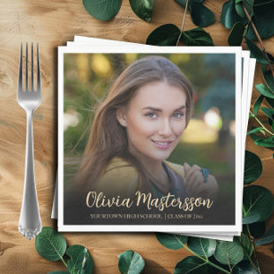 Moderne Black Gold Foto Graduation Party Serviette