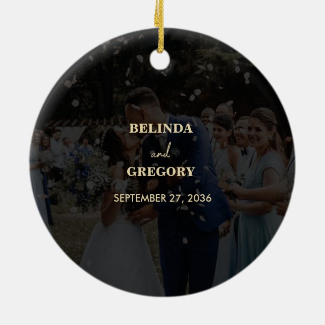 Moderne Black Gold Foto Overlay-Hochzeit Keramik Ornament (Hinten)
