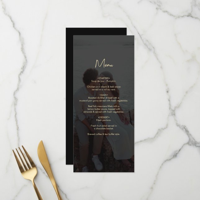 Moderne Black Gold Foto Overlay-Hochzeit Menükarte (Vorderseite/Rückseite Beispiel)