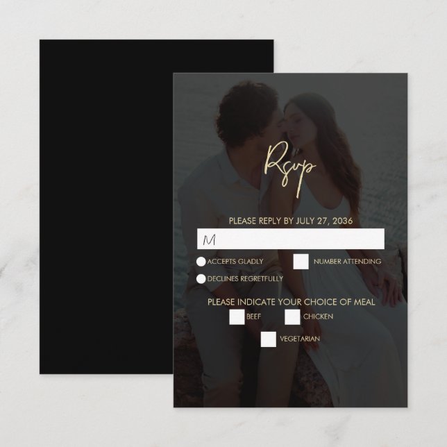 Moderne Black Gold Foto Overlay-Hochzeit RSVP Karte (Vorne/Hinten)