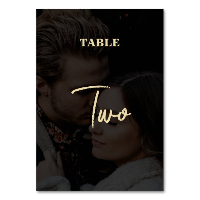 Moderne Black Gold Foto Overlay-Hochzeit Tischnummer (Vorderseite)