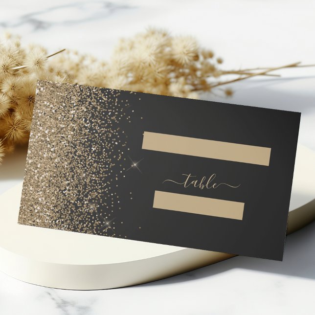 Moderne Black Gold Glitzer Edge Wedding Platzkarte (Von Creator hochgeladen)