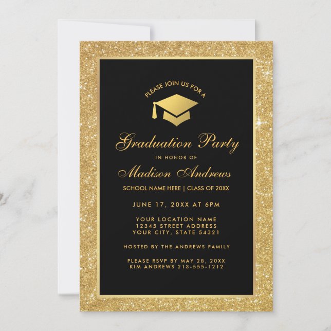 Moderne Black Gold Glitzer Graduation Party - Einl Einladung (Vorderseite)