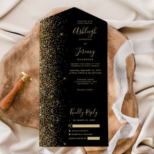 Moderne Black Gold Glitzer Hochzeit All In One Einladung