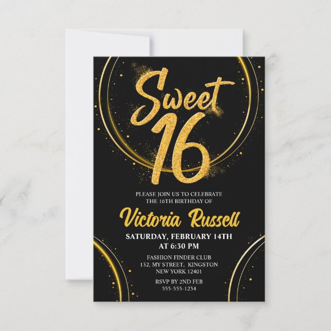 Moderne Black & Gold Glitzer Typografie Sweet 16 Einladung (Vorderseite)
