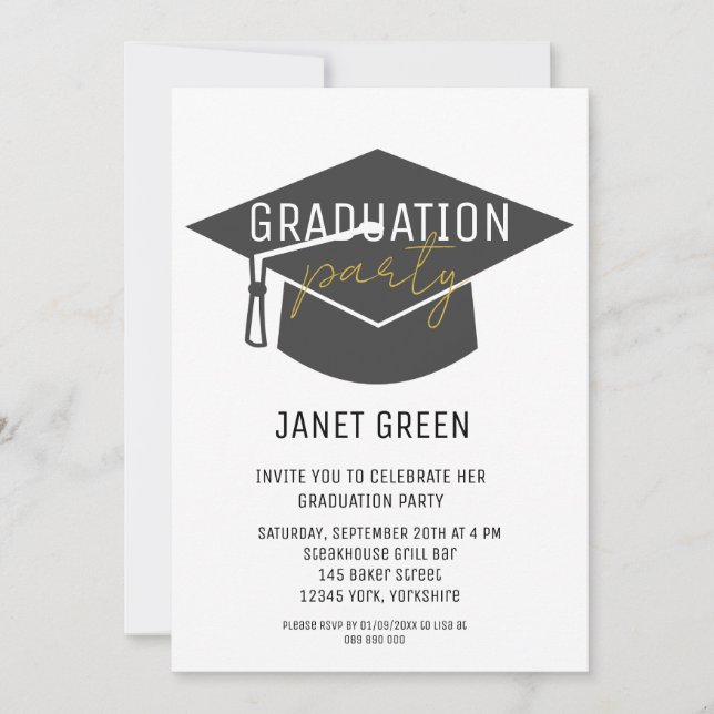 Moderne Black Gold Grad Cap Tassel Graduierungspar Einladung (Vorderseite)