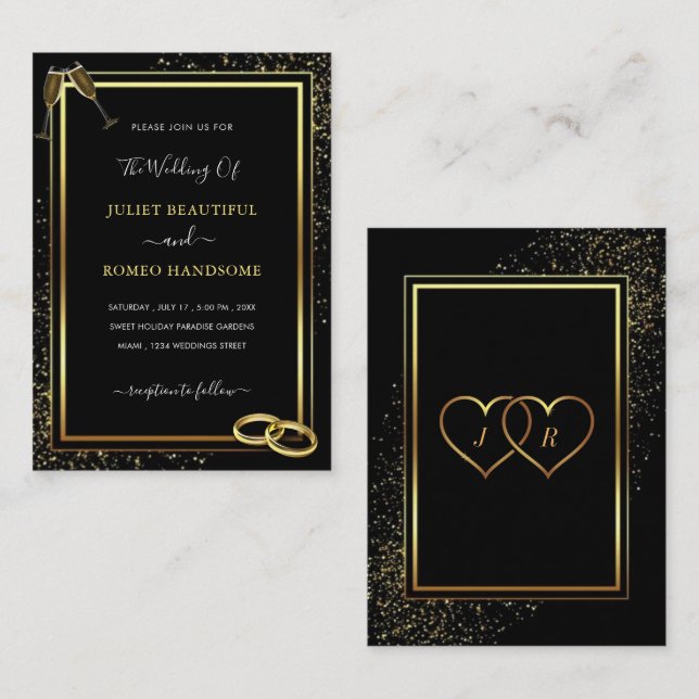 Moderne Black Gold Hochzeit Einladung mit Rings (Vorne/Hinten)