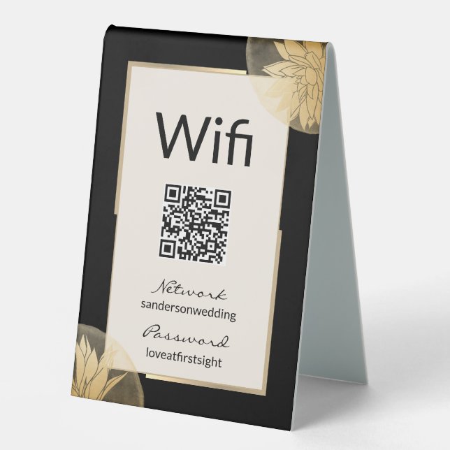 Moderne Black Gold-Hochzeit Wifi Details QR Code Tischaufsteller (Vorderseite)
