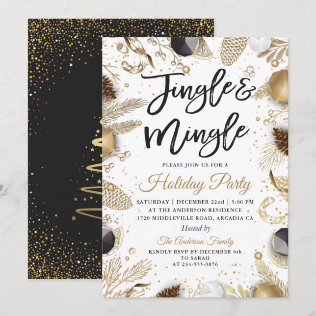 Moderne Black Gold Jingle und Mingle Holiday Party Einladung (Vorne/Hinten)